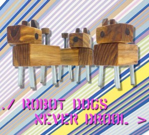 wood robot dogs with metal legs and magnaized heads