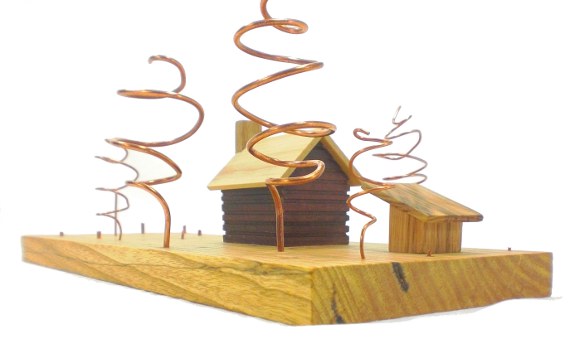 Wood art - log cabin and outbuilding
