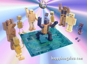 robot toys dance on circuit board dance floor