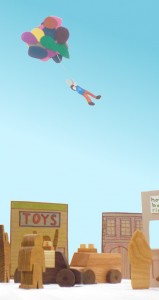 toys pose for fanciful story of boy flying into air