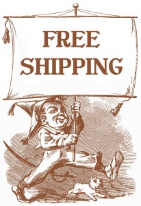 old timey illustration of boy holding banner that says free shipping