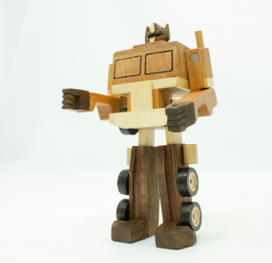 wood toy Optimus Prime made by Don Clark and Happy Bungalow