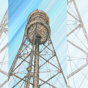 Pen and maker drawing of a rusting water tower, as shown from below. The background is a stylized streaky sky of blue and violets.